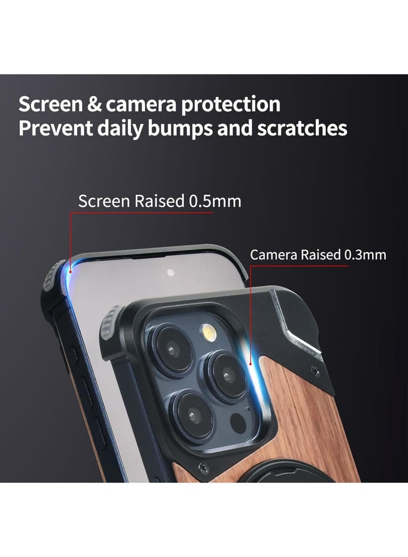 SOLARAE حافظة خشبية بدون إطار لهاتف آيفون 16 برو ماكس، متوافقة مع ماج سيف، غلاف ألمنيوم واقي بقطر 6.9" مع قاعدة مغناطيسية دوارة 360 درجة، بتصميم خشبي - Image 4