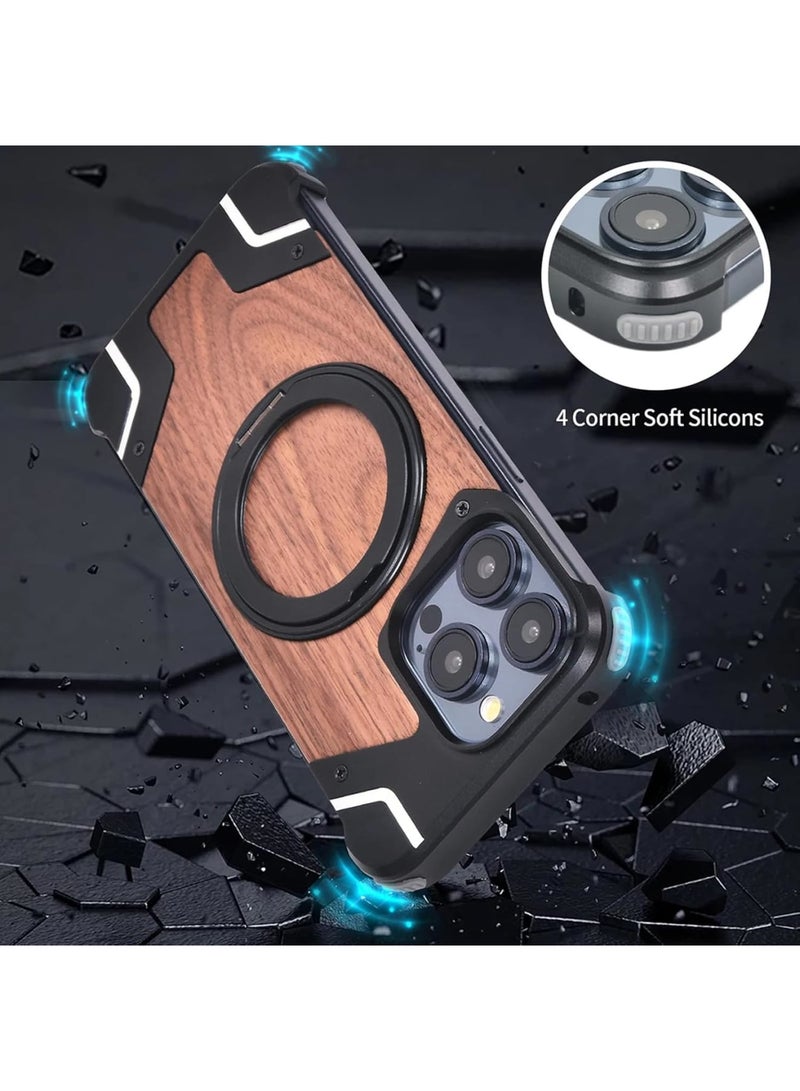 SOLARAE حافظة خشبية بدون إطار لهاتف آيفون 16 برو ماكس، متوافقة مع ماج سيف، غلاف ألمنيوم واقي بقطر 6.9" مع قاعدة مغناطيسية دوارة 360 درجة، بتصميم خشبي - Image 3