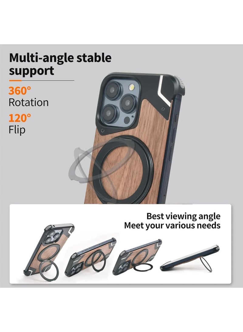 SOLARAE حافظة خشبية بدون إطار لهاتف آيفون 16 برو ماكس، متوافقة مع ماج سيف، غلاف ألمنيوم واقي بقطر 6.9" مع قاعدة مغناطيسية دوارة 360 درجة، بتصميم خشبي - Image 5