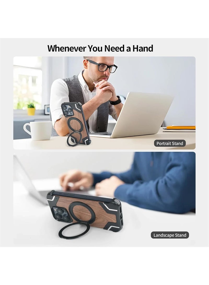 SOLARAE حافظة خشبية بدون إطار لهاتف آيفون 16 برو ماكس، متوافقة مع ماج سيف، غلاف ألمنيوم واقي بقطر 6.9" مع قاعدة مغناطيسية دوارة 360 درجة، بتصميم خشبي - Image 2