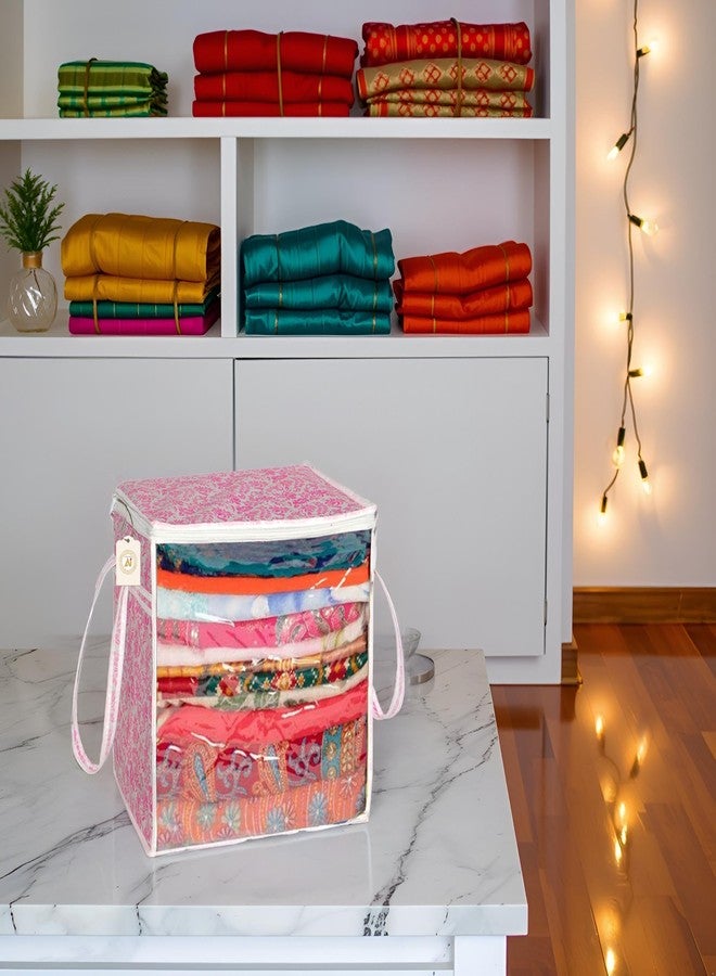 SHAPING FABRIC Pink Floral Fabric Saree Storage Bag with Transparent Front & Zipper Closure – Pack of 01 SNW-421 - Image 1