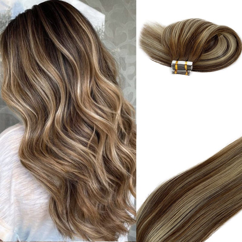 Highlight Tape in Hair Extensinos Remy Human HairOmbre Chestnut Brown to Platinum Blonde Hair Tape in Extensions Invisible Skin Weft 16 Inch Tape in 100 Real Human Hair Extensions 50g20pcs