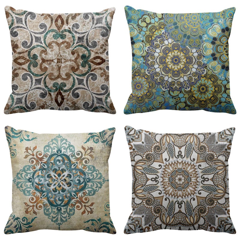 Emvency Set of 4 Boho Throw Pillow Covers Vintage Abstract Brown Green Teal and Grey Plant Leaf Floral Decorative Pillow Cases Home Decor Standard Square 20x20 Inches Pillowcases