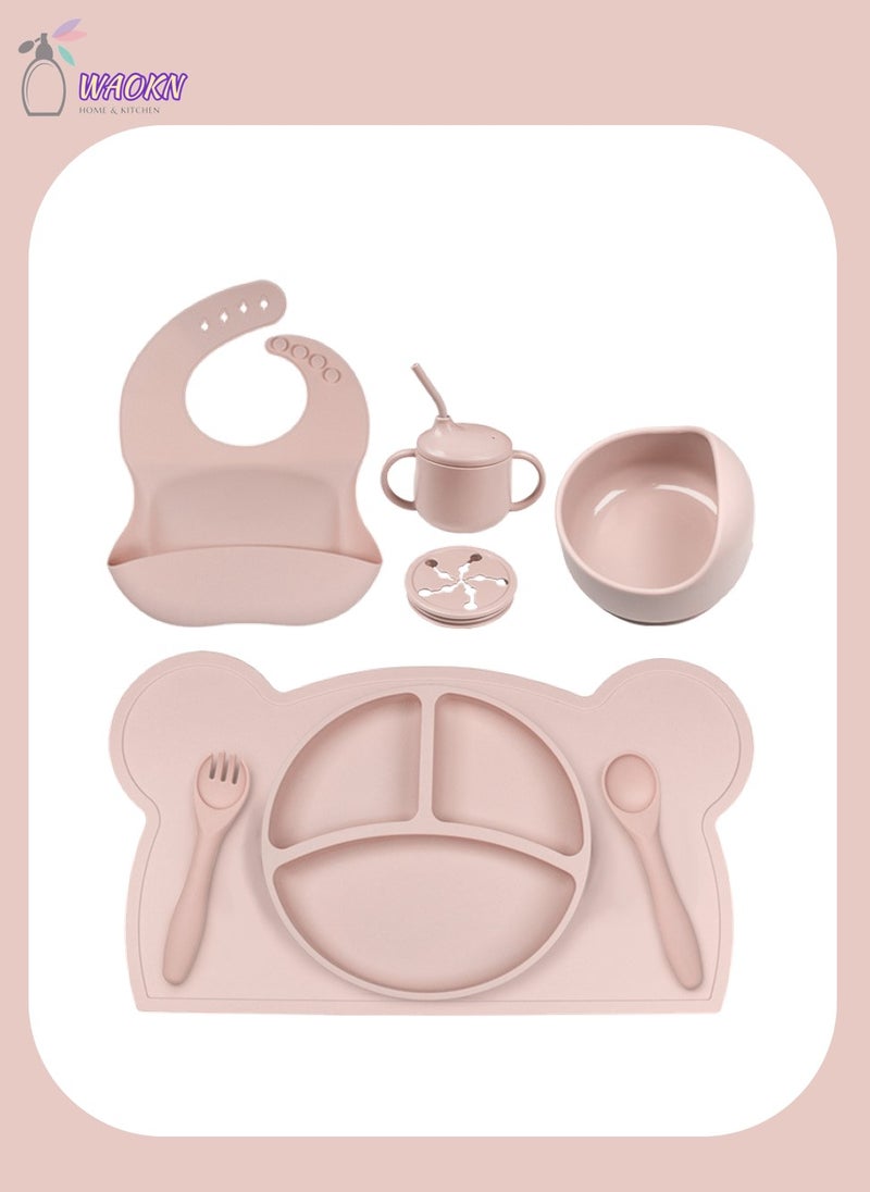 WAOKN 8-Piece Baby Silicone Tableware Set, Special For Infants To Eat Their Own Training Tableware Set, Including Dinner Plate, Complementary Food Bowl, Sippy Cup, Bib, Placemat, Fork, Spoon, Snack Cover  - Image 1