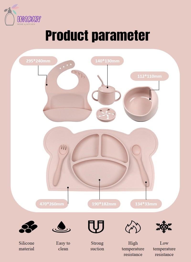 WAOKN 8-Piece Baby Silicone Tableware Set, Special For Infants To Eat Their Own Training Tableware Set, Including Dinner Plate, Complementary Food Bowl, Sippy Cup, Bib, Placemat, Fork, Spoon, Snack Cover  - Image 2