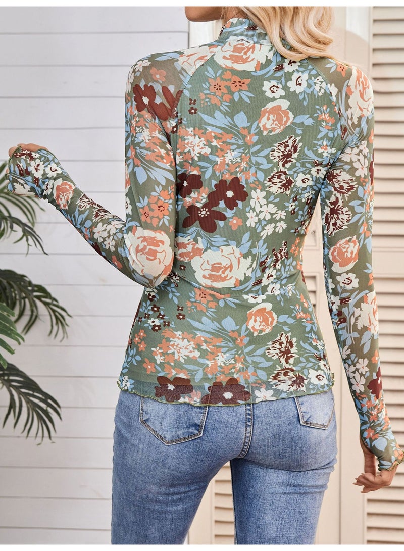 general Dealmore Lace Sheer Long Sleeve Floral Mesh Mockneck Trendy Cute Going Out Tops for Women Fall Fashion Outfits 2025-2026 Clothes - Image 2