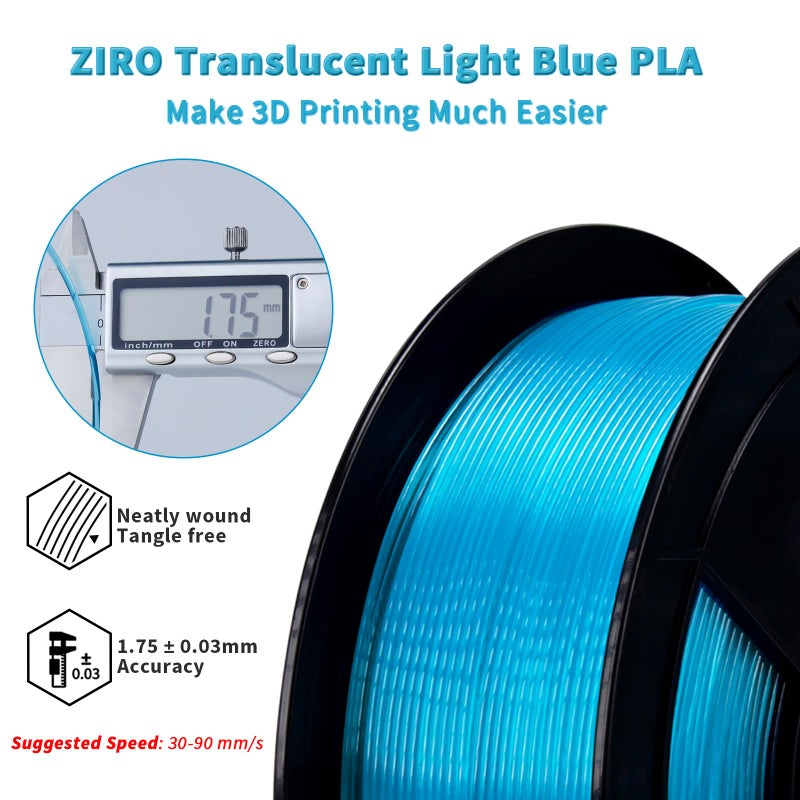 ZIRO 3D Printing Filament, Translucent PLA Series, 1.75mm PLA Filament Material, Dimensional Accuracy +/- 0.03mm, 2.2lbs Spool, 3D Printing Material Fit Most FDM Printers, Translucent Light Blue - Image 4