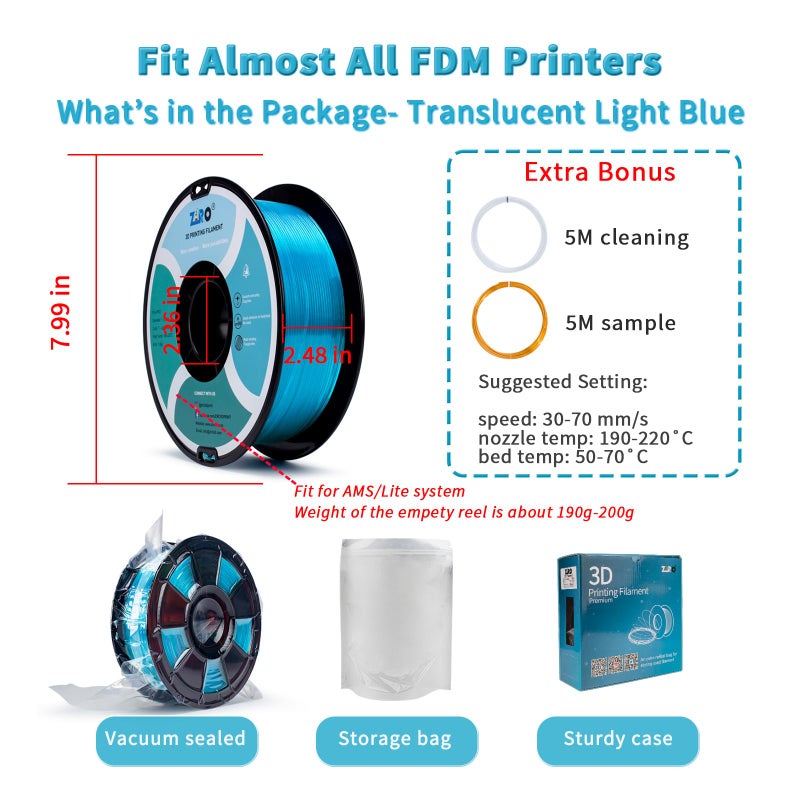 ZIRO 3D Printing Filament, Translucent PLA Series, 1.75mm PLA Filament Material, Dimensional Accuracy +/- 0.03mm, 2.2lbs Spool, 3D Printing Material Fit Most FDM Printers, Translucent Light Blue - Image 5