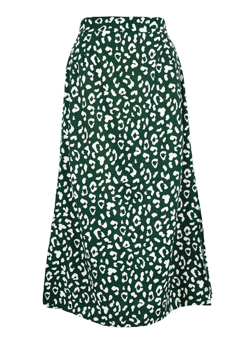 Loquat Women High Waist Skirt Leopard Print Midi Beach Side Slit Skirt Green  - Image 1