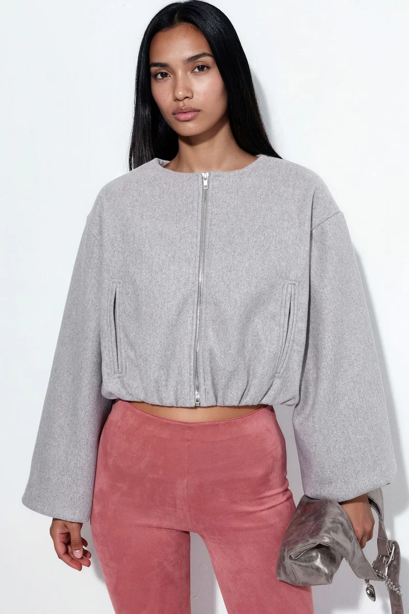 بوسيم BUSEM Crop Gabardine Jacket with Zipper and Pocket