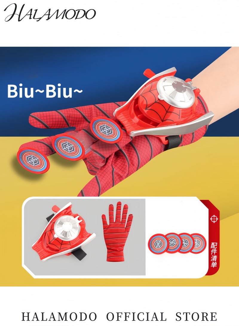 هالامودو قفاز إطلاق طبق طائر سبايدر مان طقم لعبة رامى الشبكة للبطل الخارق قاذف مع قفازات سبايدر و4 أطباق طائرة مثالي لملابس التنكر للأطفال أعياد الميلاد الحفلات - Image 5