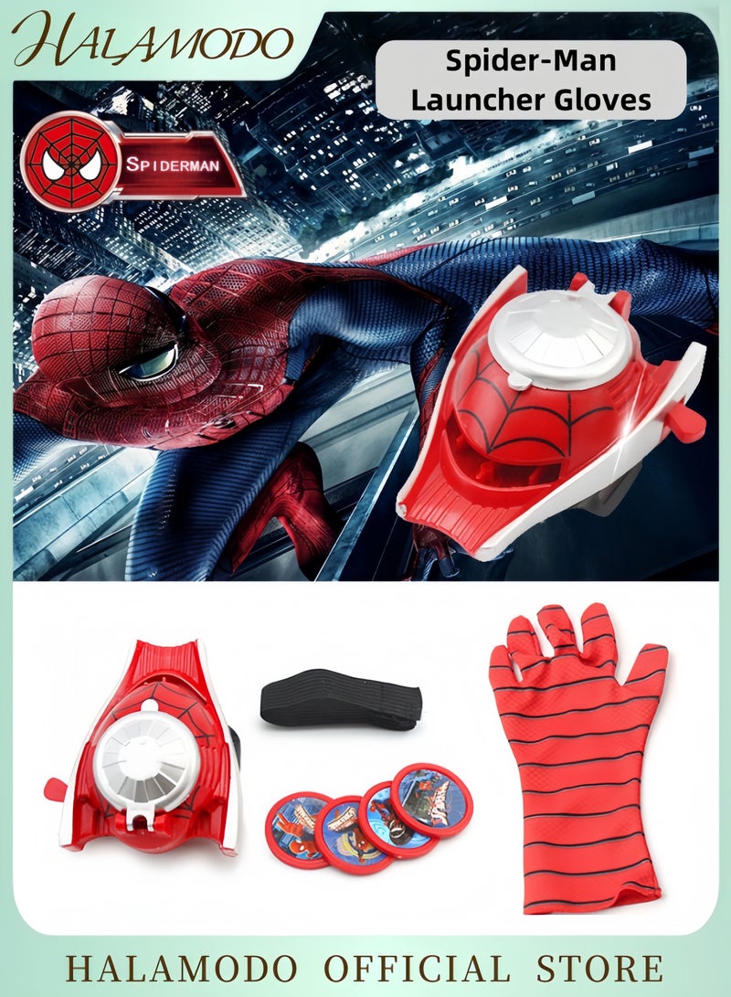 هالامودو قفاز إطلاق طبق طائر سبايدر مان طقم لعبة رامى الشبكة للبطل الخارق قاذف مع قفازات سبايدر و4 أطباق طائرة مثالي لملابس التنكر للأطفال أعياد الميلاد الحفلات - Image 1