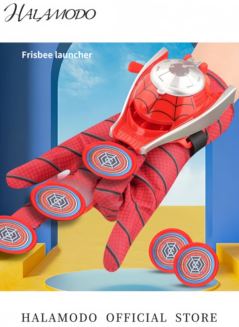 هالامودو قفاز إطلاق طبق طائر سبايدر مان طقم لعبة رامى الشبكة للبطل الخارق قاذف مع قفازات سبايدر و4 أطباق طائرة مثالي لملابس التنكر للأطفال أعياد الميلاد الحفلات - Image 4