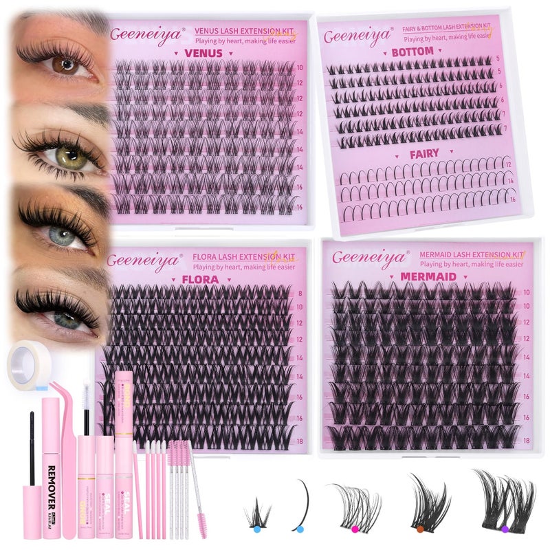 Geeneiya [NATURAL]Geeneiya 5 Styles Lash Clusters Kit, Mermaid/Venus/Flora/Bottom Fairy Eyelash Clusters Extensions 3D Wispy Lash Extension Kit for Beginners, DIY at Home Easily - Image 1