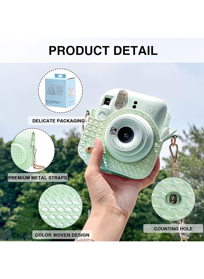 O Ozone Camera Case for Fujifilm Instax Mini 12 Instant Camera,PU Leather Glitter Woven Camera Bag with Shoulder Strap & 64 Pockets Photo Album- Light Green  - Image 2