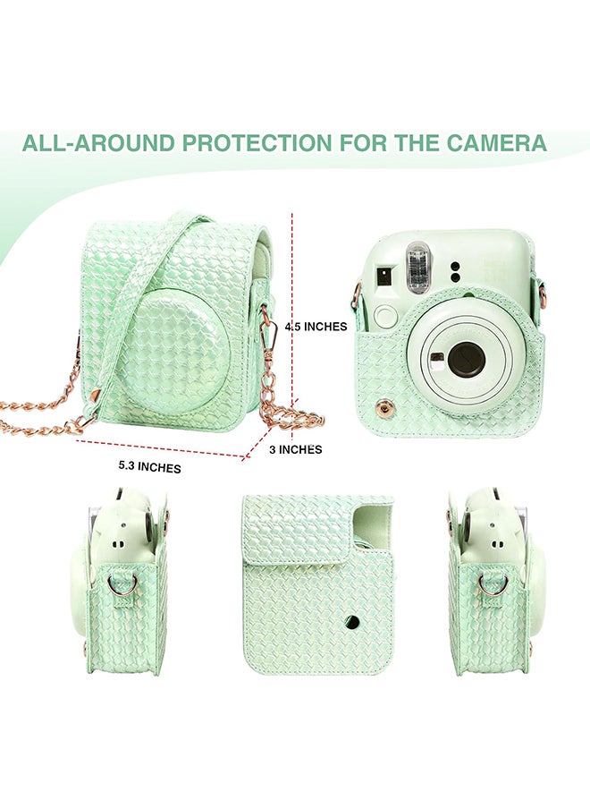 O Ozone Camera Case for Fujifilm Instax Mini 12 Instant Camera,PU Leather Glitter Woven Camera Bag with Shoulder Strap & 64 Pockets Photo Album- Light Green  - Image 3