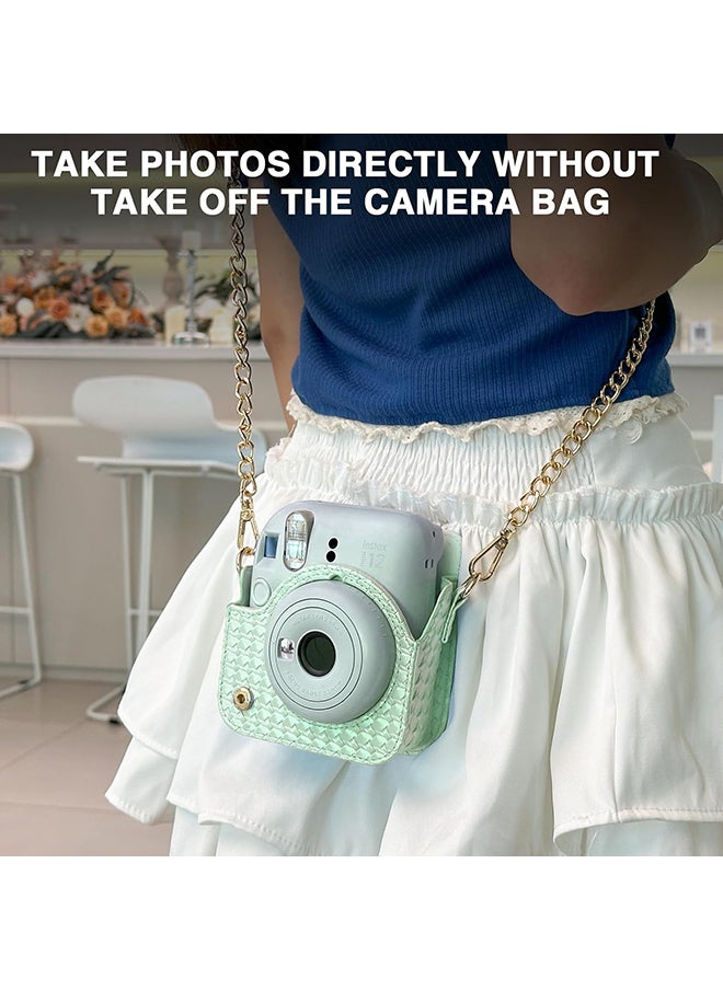 O Ozone Camera Case for Fujifilm Instax Mini 12 Instant Camera,PU Leather Glitter Woven Camera Bag with Shoulder Strap & 64 Pockets Photo Album- Light Green  - Image 5