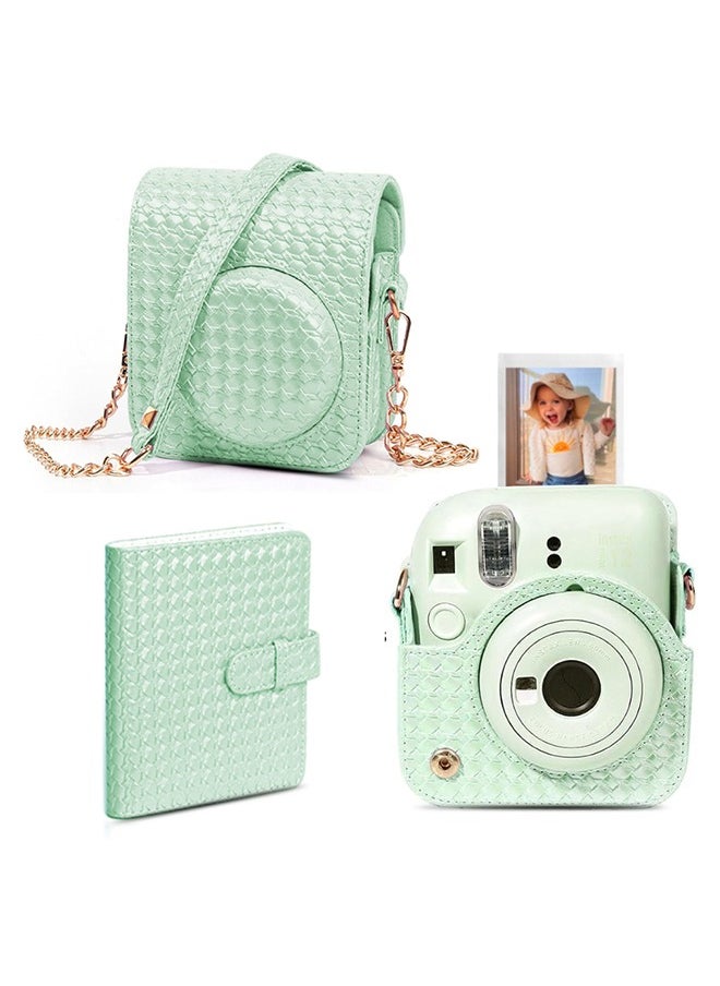 O Ozone Camera Case for Fujifilm Instax Mini 12 Instant Camera,PU Leather Glitter Woven Camera Bag with Shoulder Strap & 64 Pockets Photo Album- Light Green  - Image 1