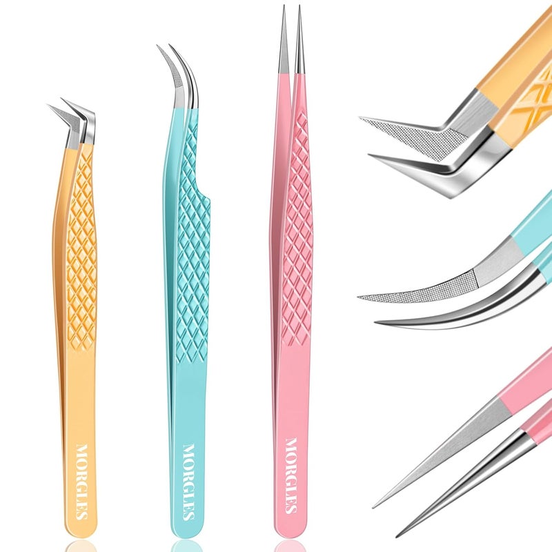 MORGLES Lash Tweezers for Eyelash Extensions 3 Pcs Eyelash Extension Tweezers for Professionals  Beginners Fanning Volume Lashes