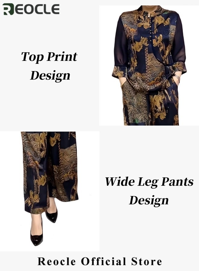 ريوكل طقم نسائي من الحرير بأسلوب عرقي يتضمن بلوزة طويلة الأكمام وسروال، تصميم مطبوع ينحف القوام، طقم مكون من قطعتين مع تنورة طويلة - Image 4