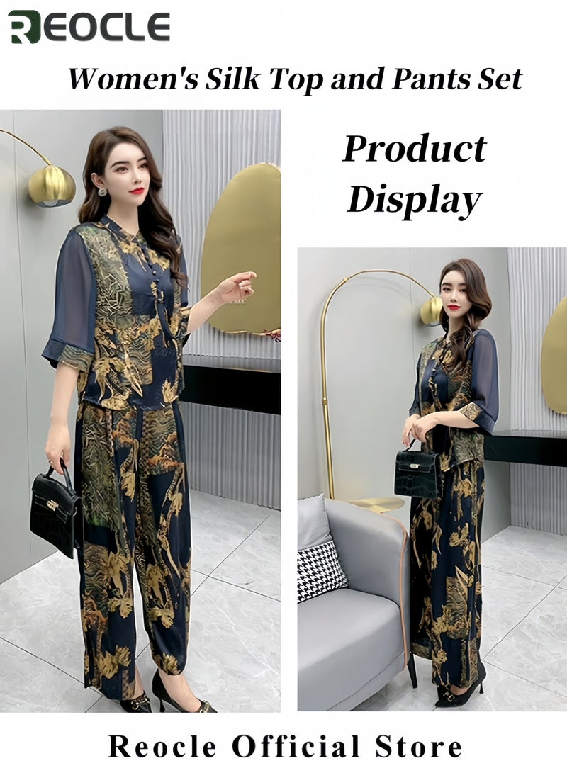 ريوكل طقم نسائي من الحرير بأسلوب عرقي يتضمن بلوزة طويلة الأكمام وسروال، تصميم مطبوع ينحف القوام، طقم مكون من قطعتين مع تنورة طويلة - Image 3