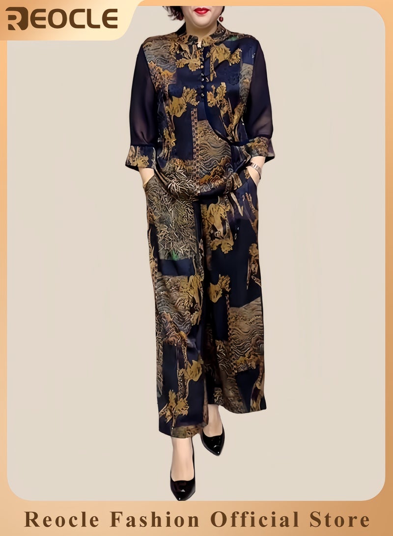 ريوكل طقم نسائي من الحرير بأسلوب عرقي يتضمن بلوزة طويلة الأكمام وسروال، تصميم مطبوع ينحف القوام، طقم مكون من قطعتين مع تنورة طويلة - Image 1