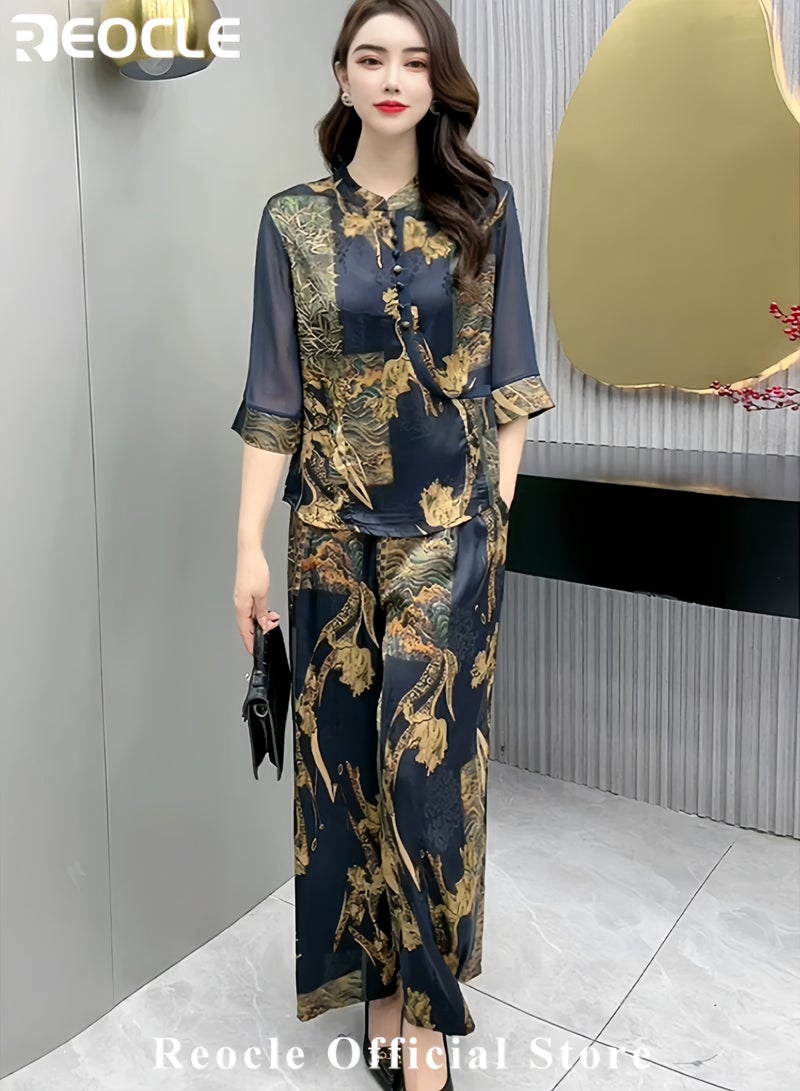 ريوكل طقم نسائي من الحرير بأسلوب عرقي يتضمن بلوزة طويلة الأكمام وسروال، تصميم مطبوع ينحف القوام، طقم مكون من قطعتين مع تنورة طويلة - Image 2