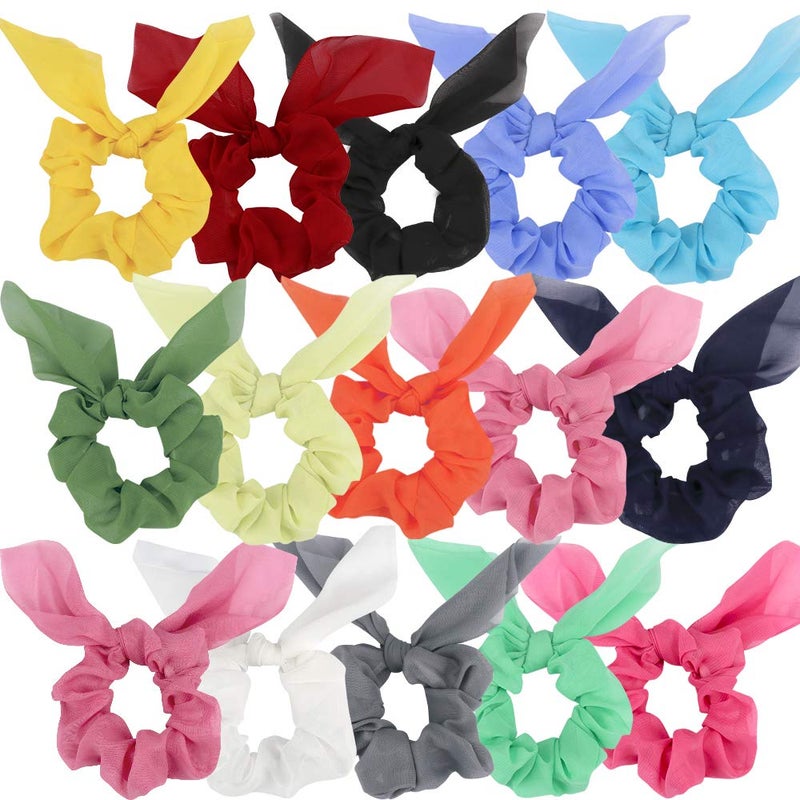 15Pcs Chiffon and Silk Scrunchies with Bow Knots Bright Color Ponytail Holders Rabbit Ear Hair Accessories for Girls and Teens
