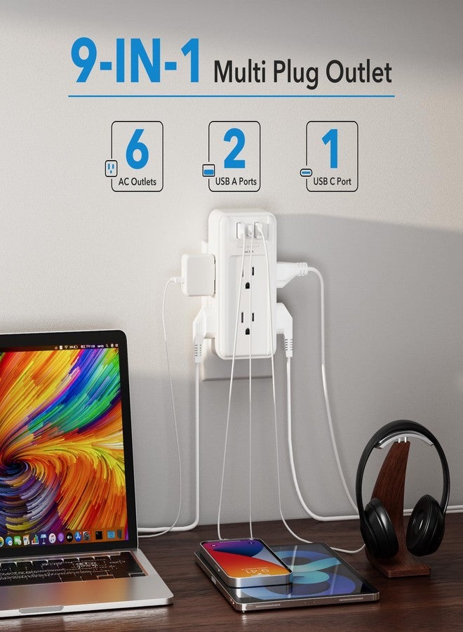 BN-LINK Multi Plug Outlet, 6 Wall Outlet Extender with 3 USB Charging Ports (1 USB C) Total 3.4A, 3-Sided Outlets Splitter Multiple Outlet Wall Plug for Home Office Dorm Room - Image 2