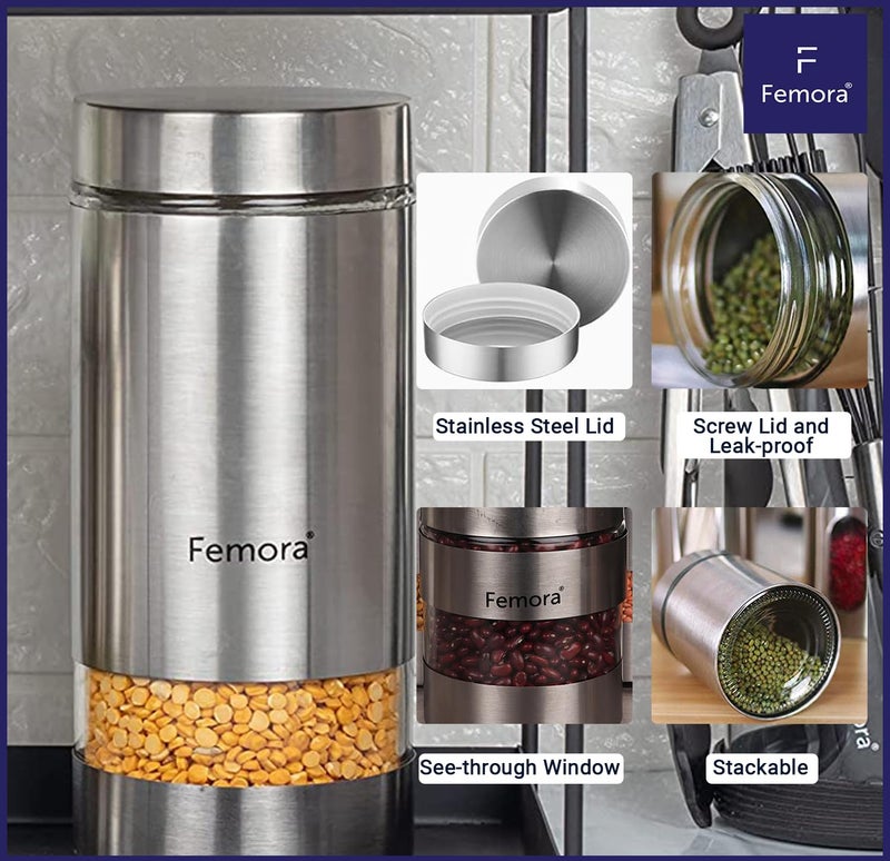 Femora Metallic See Through Window Jars |1300 ML | Set Of 2 | 1 Year Warranty | Dishwasher Safe and Airtight | Jars for Snacks, Fry Food, Masala, Spice, Pickles, Cookies | Silver - Image 4