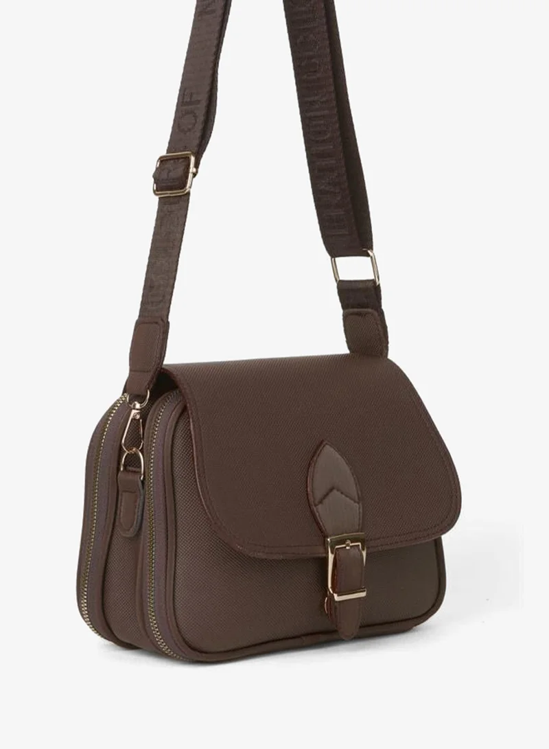 Women's Yonca Dark Coffee 4-Pocket Lidded Column Strap Zipper and Snap Closure Hand, Wrist, and Shoulder Bag.