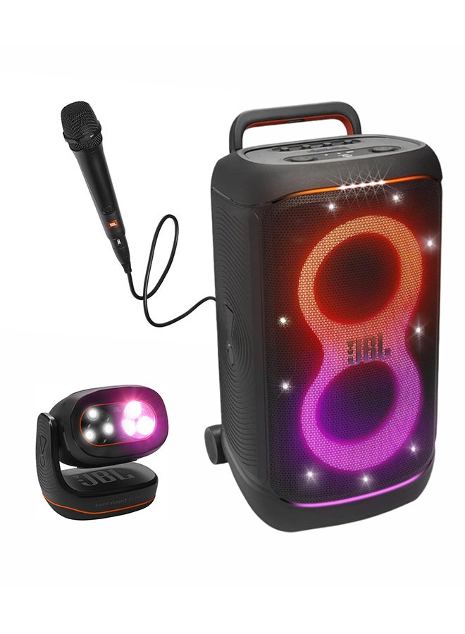 PartyBox 520 + Party Beam + PBM100 Mic – Complete Party Setup with Lights, Wired Mic, and Bass Sound – Ideal for DJs, Karaoke Nights, Celebrations, and Family Music Events JBLPARTYBOX520EU+JBLPLBEAMEU+JBLPBM100BLK Black