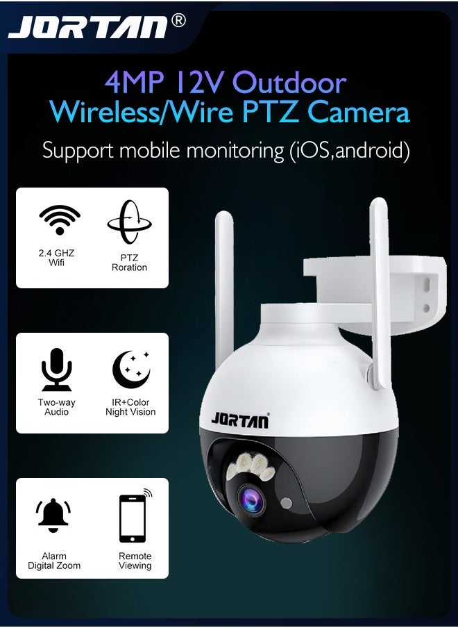 جورتان 4MP 12V في الهواء الطلق واي فاي PTZ كاميرا لاسلكية / سلك كاميرا IP نظام أمن الوطن مع عرض 360 درجة والكشف عن البشر والرؤية الليلية واتجاهين الصوت والحماية من الصواعق وواجهة إيثرنت RJ45  - Image 1