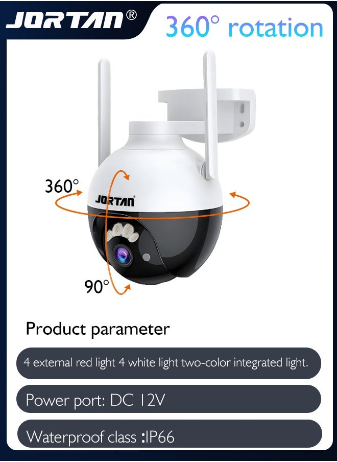 JORTAN - 4MP 12V Outdoor WiFi PTZ Camera Wireless/Wire IP Camera Home Security System with 360° View & Humanoid Detection & Night Vision & Two Way Audio & Lightning Protection & RJ45 Ethernet Interface - Image 1