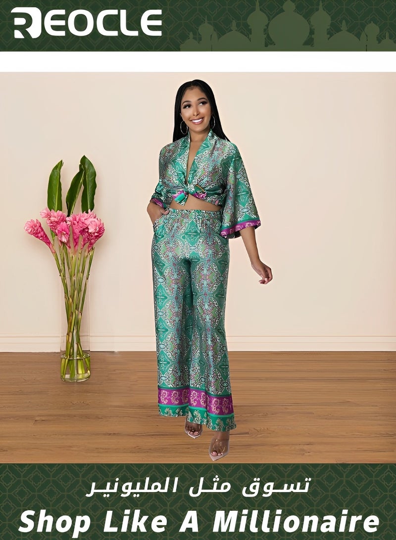 REOCLE Women's Floral Dyed Two Piece Cardigan Shirt Shirt Wide Leg Pants with Belt Simulated Silk Printed Wide Leg Pants Two Piece Set - Image 1