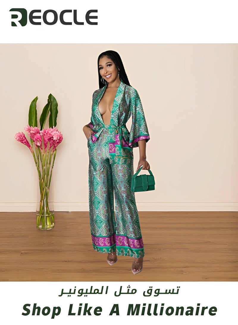REOCLE Women's Floral Dyed Two Piece Cardigan Shirt Shirt Wide Leg Pants with Belt Simulated Silk Printed Wide Leg Pants Two Piece Set - Image 3