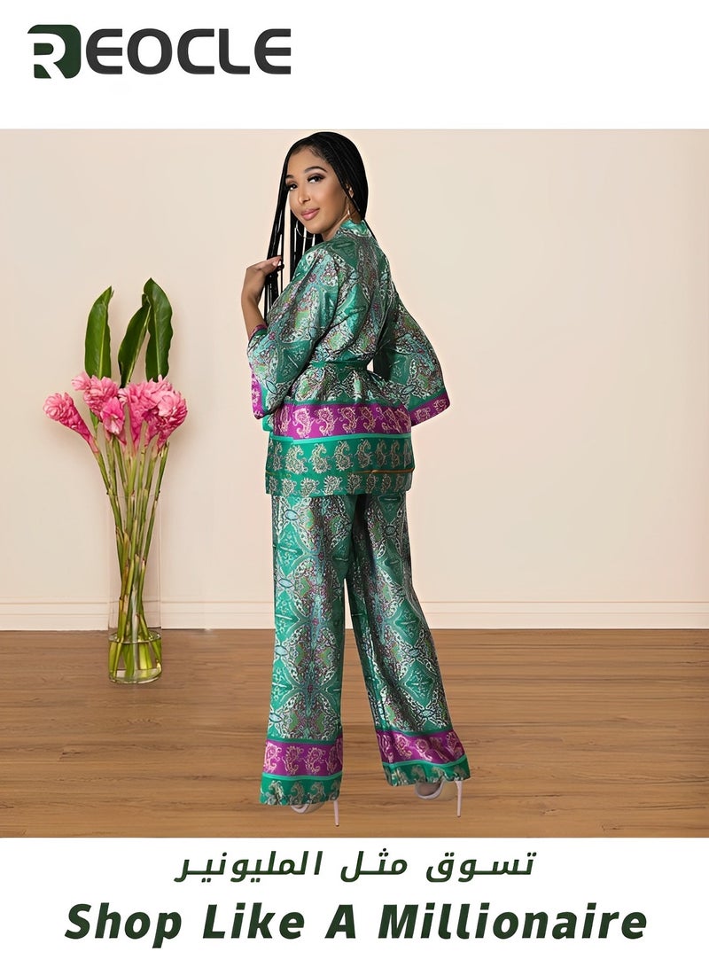 REOCLE Women's Floral Dyed Two Piece Cardigan Shirt Shirt Wide Leg Pants with Belt Simulated Silk Printed Wide Leg Pants Two Piece Set - Image 4