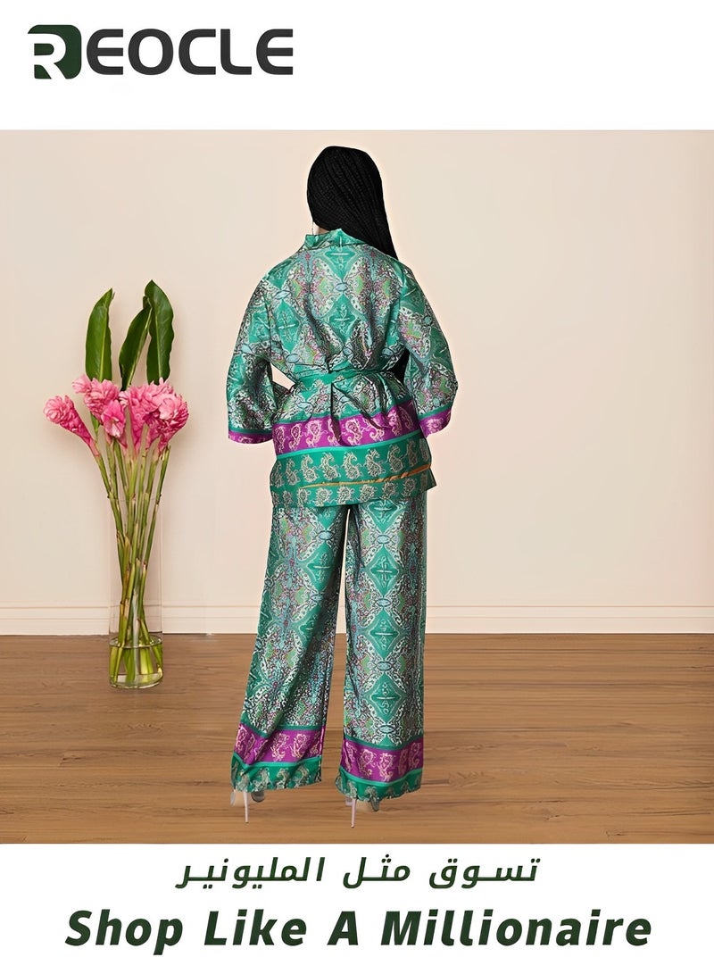 REOCLE Women's Floral Dyed Two Piece Cardigan Shirt Shirt Wide Leg Pants with Belt Simulated Silk Printed Wide Leg Pants Two Piece Set - Image 5