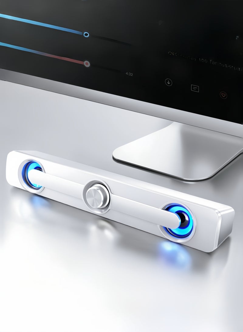 nihao Stereo Bass Subwoofer Wired Speaker with Lighting Effects, V-111, Computer Audio Desktop Home Active Speaker Laptop Large Speaker Long Strip - White  - Image 1