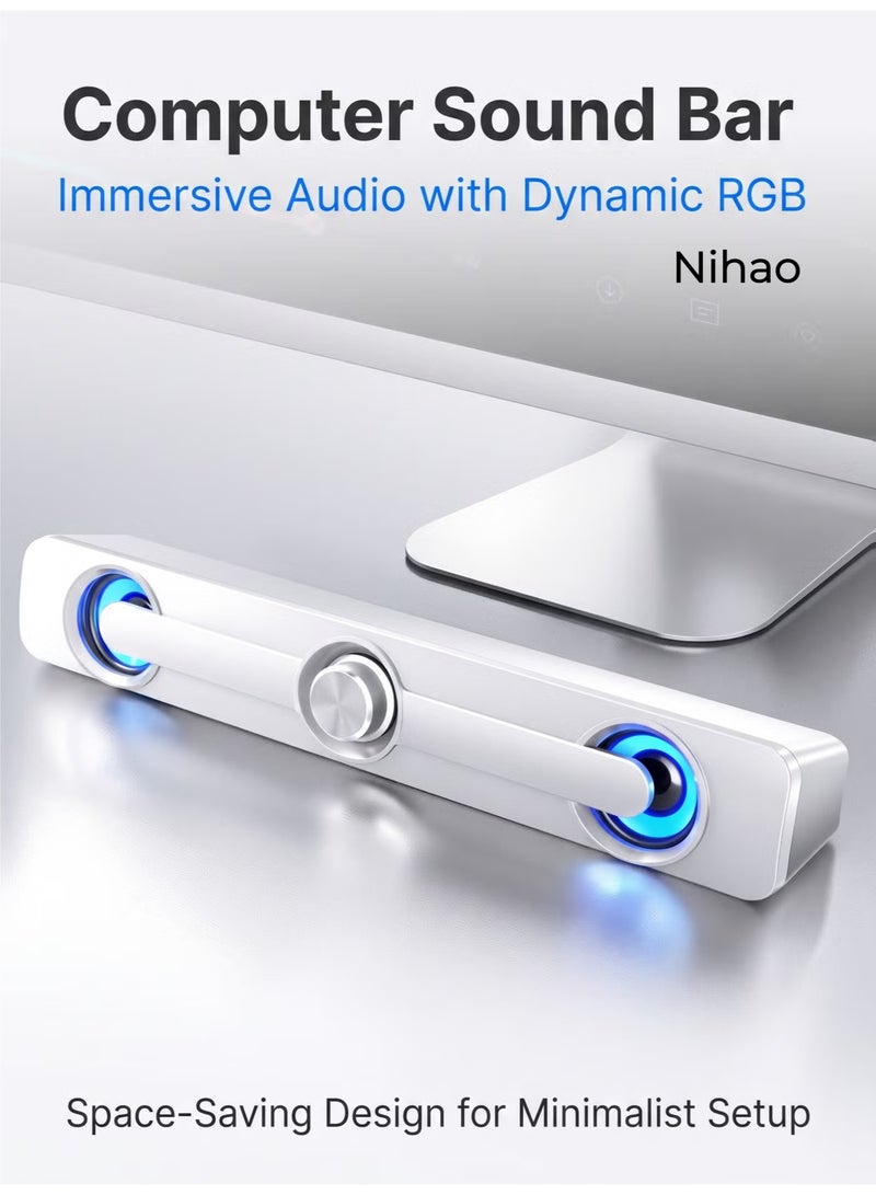 nihao Stereo Bass Subwoofer Wired Speaker with Lighting Effects, V-111, Computer Audio Desktop Home Active Speaker Laptop Large Speaker Long Strip - White - Image 1