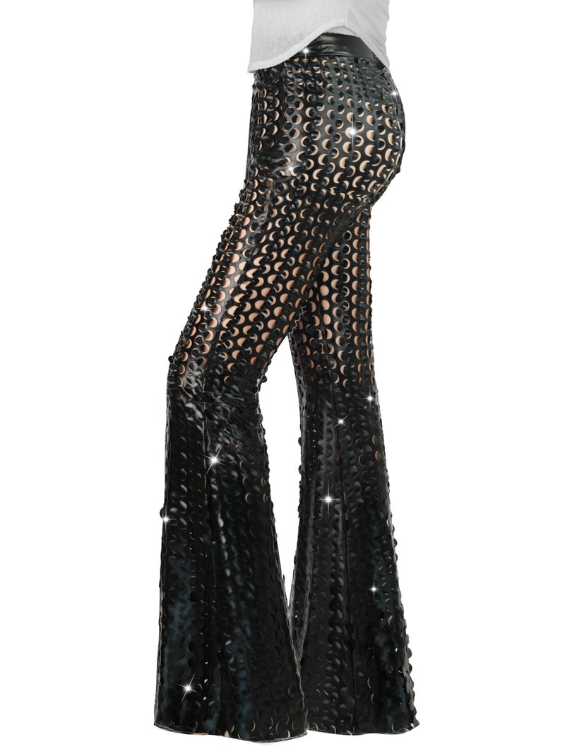 Nawgut Sequin Flare Pants Sparkly Glitter Bell Bottom High Waisted Hollow Trousers Party Clubwear for Women-Large Black - Image 1