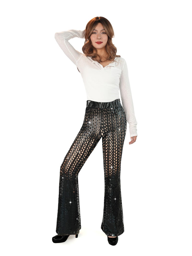 Nawgut Sequin Flare Pants Sparkly Glitter Bell Bottom High Waisted Hollow Trousers Party Clubwear for Women-Large Black - Image 3