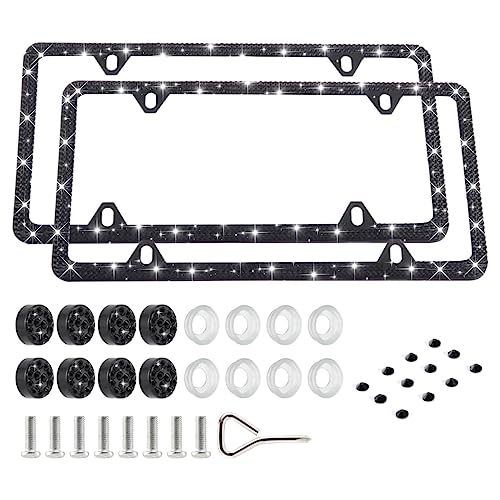FIISFIIS Bling License Plate Frame for Women,2 Pack Premium Rhinestone Car License Plate Holder,Handmade Glitter Crystal Diamond Lincense Plate Cover for Girl,Bedazzled Sparkly Caps-4Hole Black - Image 1