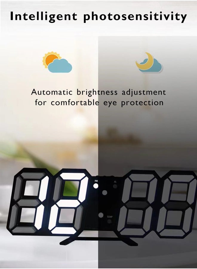 Generic - 3D Wall Led Alarm Digital Clock, White Light Number Time Clock with Automatic Brightness Adjustable, 12/24 Hr Time Date Temperature Display, Electric Nightlight Alarm Clock for Modern Home Decoration - Image 1