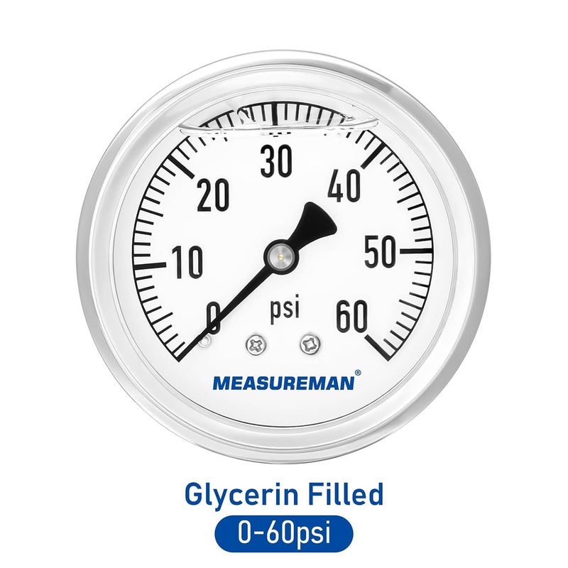 MEASUREMAN مقياس ضغط سباكة مملوء بالجليسرين من ميزورمان، حجم القرص 2-1/2 بوصة، نطاق 0-60 رطل لكل بوصة مربعة، غلاف من الفولاذ المقاوم للصدأ، تركيب خلفي 1/4 إنش إن بي تي - Image 2