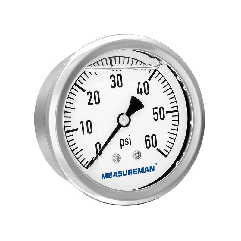 MEASUREMAN مقياس ضغط سباكة مملوء بالجليسرين من ميزورمان، حجم القرص 2-1/2 بوصة، نطاق 0-60 رطل لكل بوصة مربعة، غلاف من الفولاذ المقاوم للصدأ، تركيب خلفي 1/4 إنش إن بي تي - Image 1