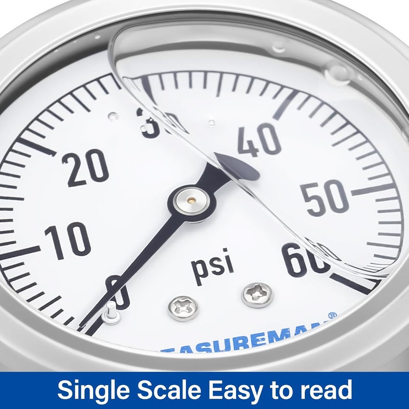 MEASUREMAN مقياس ضغط سباكة مملوء بالجليسرين من ميزورمان، حجم القرص 2-1/2 بوصة، نطاق 0-60 رطل لكل بوصة مربعة، غلاف من الفولاذ المقاوم للصدأ، تركيب خلفي 1/4 إنش إن بي تي - Image 5