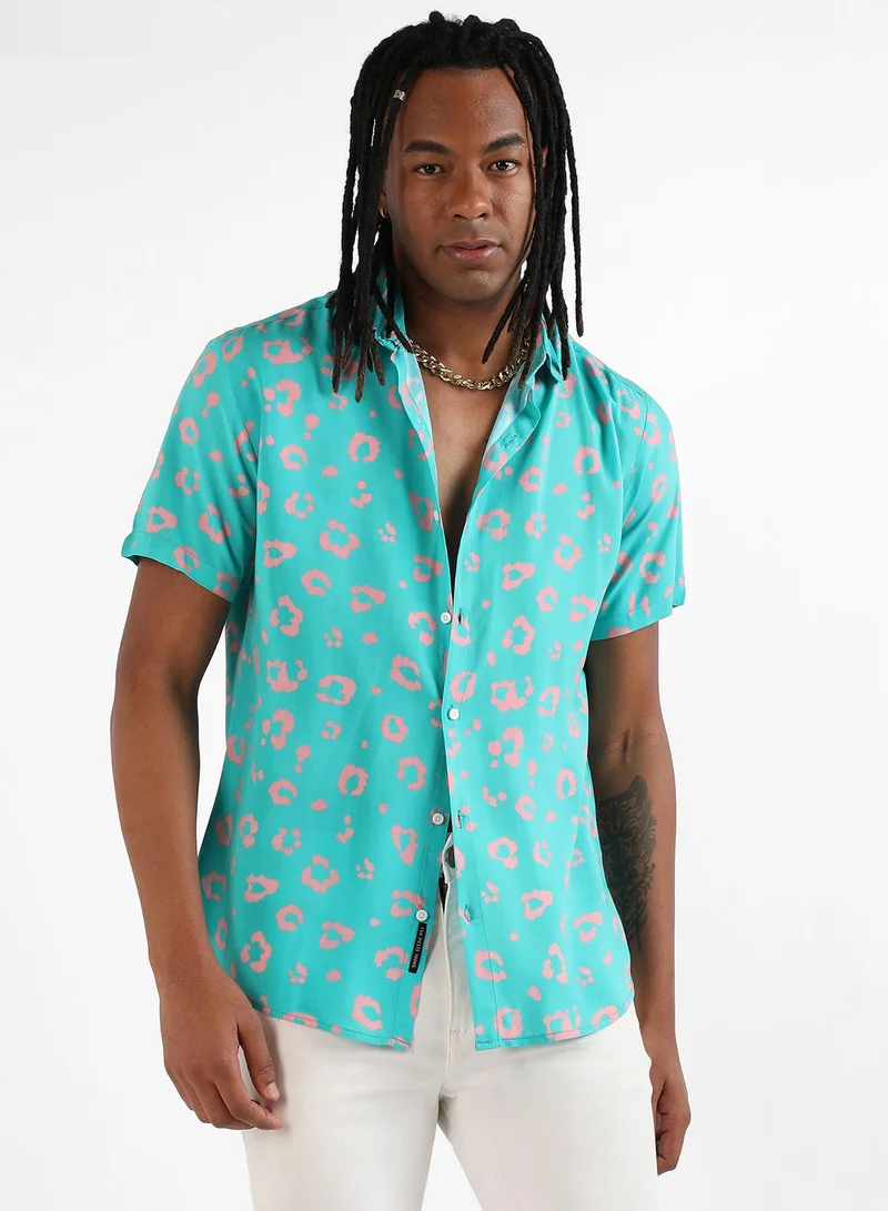 Campus Sutra Men's Ecoliva Cyan Blue Flower Block Shirt