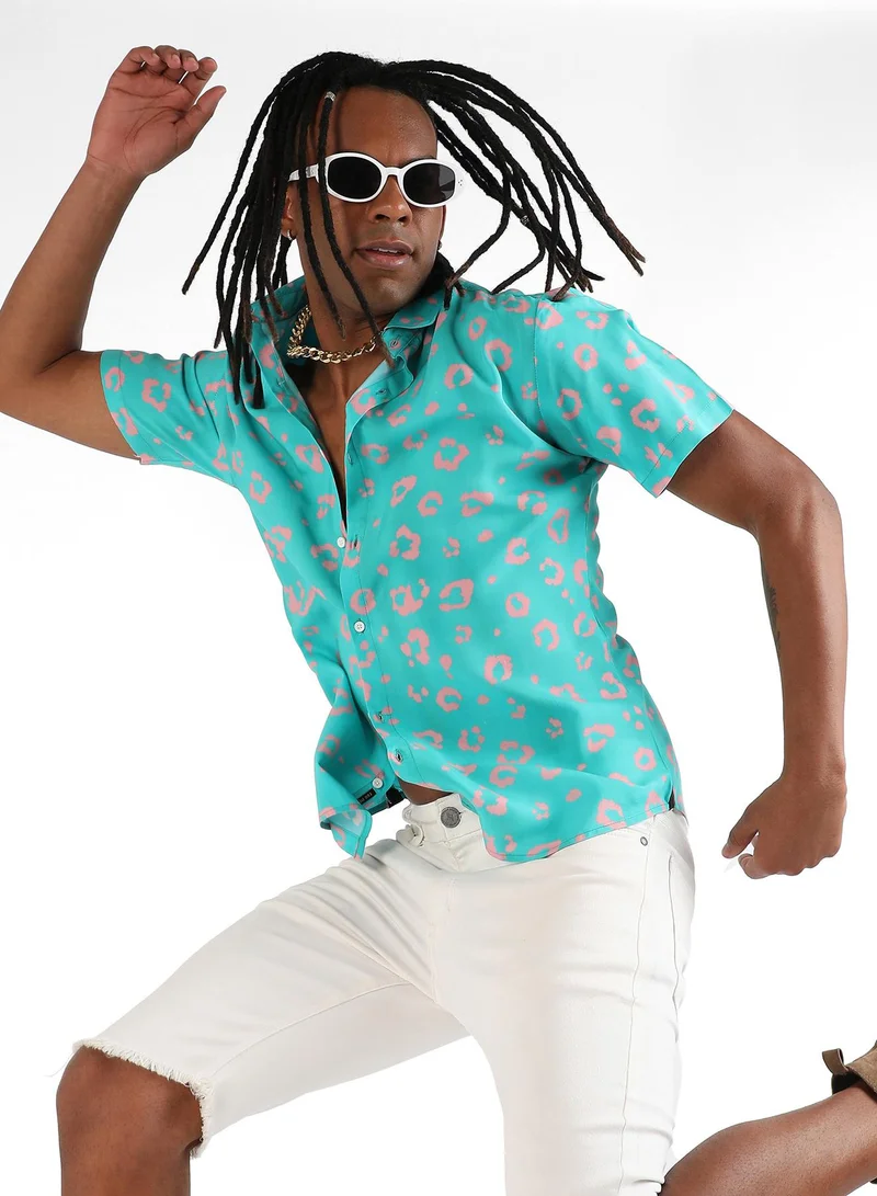 Campus Sutra Men's Ecoliva Cyan Blue Flower Block Shirt