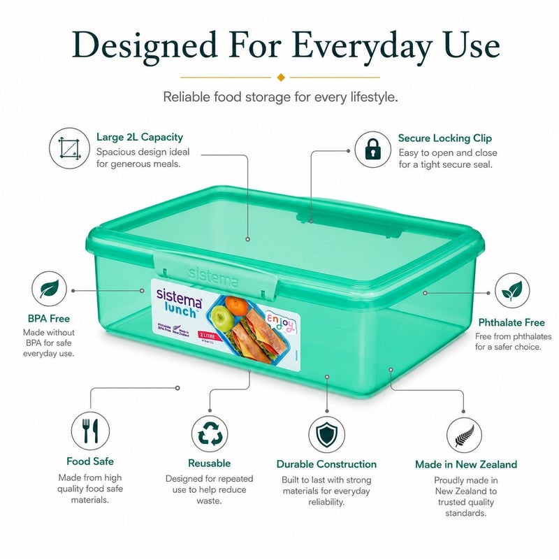 Sistema Lunch 2L Green – BPA Free Reusable Lunch Box with Secure Locking Clip, Large Food Storage Container for Meal Prep, Sandwiches, Salads, School, Office & Travel - Image 4